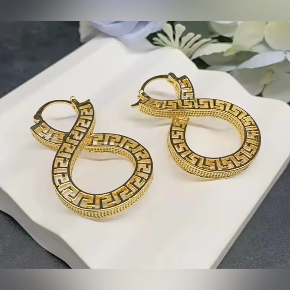 18K Gold Infinity Shape Hoop Style Earrings With Greek Style Design